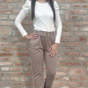 Elsa - Bézs , fodros derekú , öves nadrág